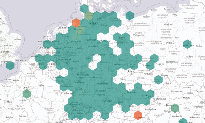 Landkarte von Luftdaten.info mit Daten zur Luftverschmutzung durch Feinstaubpartikel in Deutschland