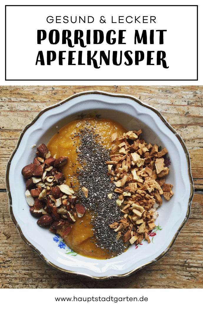 Gesundes und leckeres Porridge, mit selbst gemachtem Apfelknusper und Mandelkrokant, das Ihr auch vegan zubereiten könnt. Super auch zum Detox im neuen Jahr.